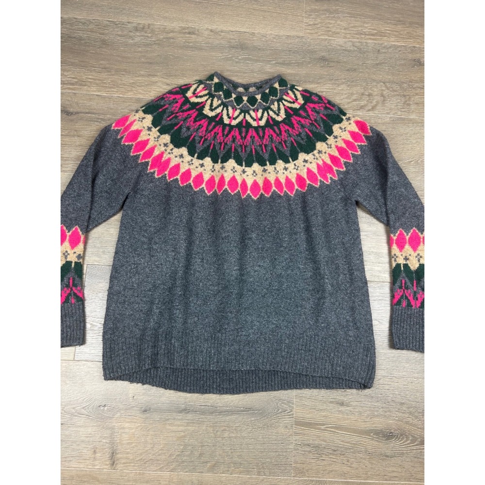 Vince Camuto Gray Fair Isle Knit Sweater Pink Green Geometric Pullover Womens M